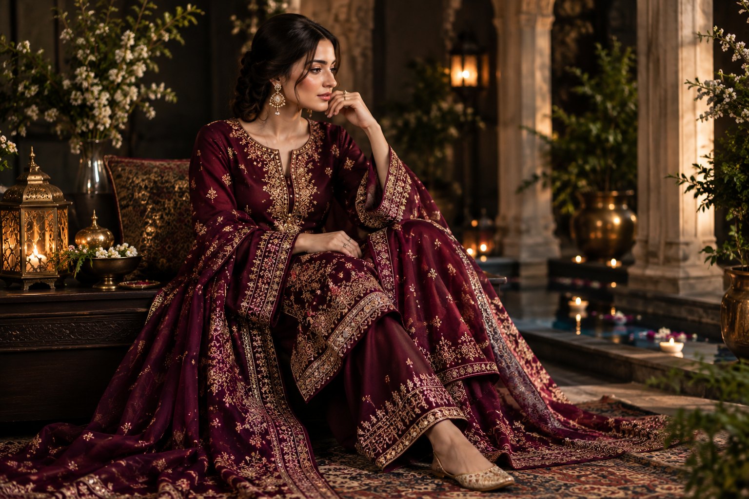 The finished dress, photographed in the courtyard by lantern light